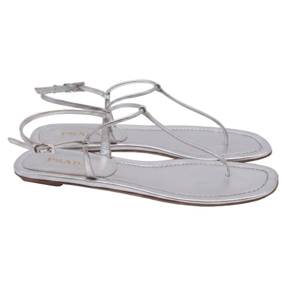 Prada T-Strap Flat Sandals in Metallic Silver Leater